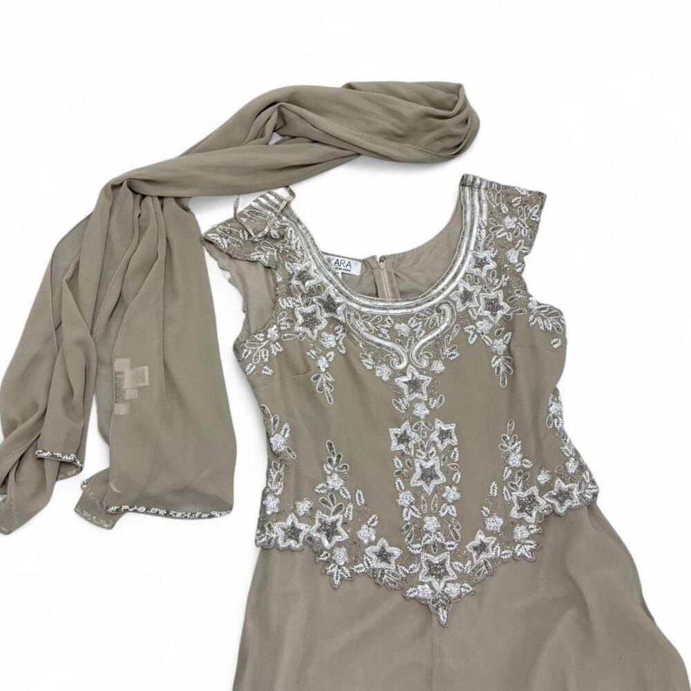 VINTAGE beaded star cream maxi gown with scarf , vintage 12